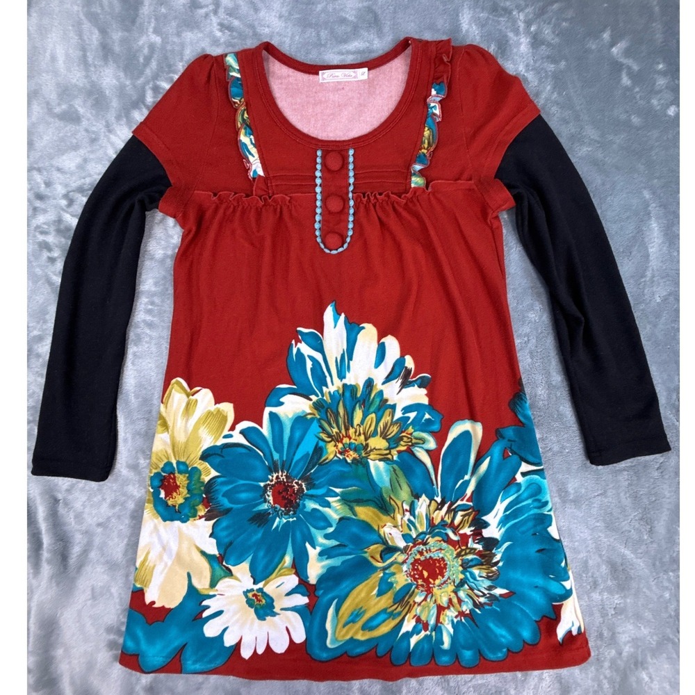 Pura Vida Red Floral Long Sleeve Tunic Top Lagenlook Shirt Dress Large
